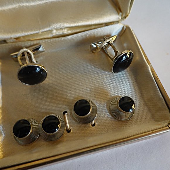Vintage Tuxedo Shirt Button Studs & Matching Cufflinks Black Silver EUC - Picture 1 of 1